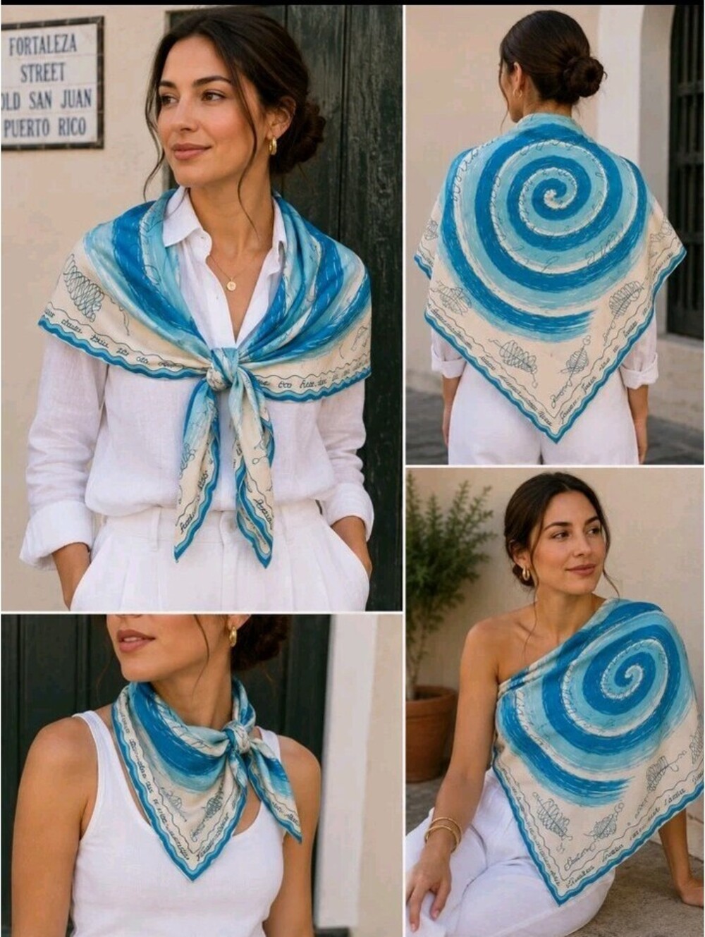 Vintage Martha Sleeper Old San Juan Puerto Rico Scarf – Turquoise Spiral & Seash